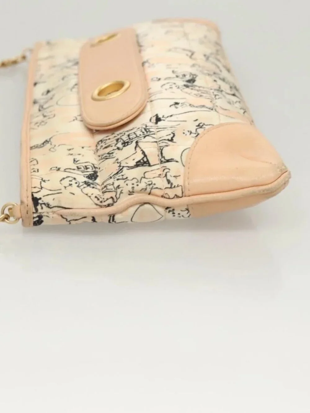 CHANEL Accessory Pouch Silk Beige Gold CC Auth 125970